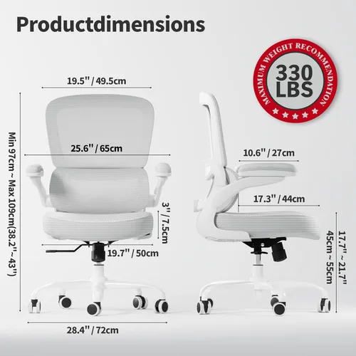 Miniatura 2 de TRALT Silla ergonómica de oficina, silla de escritorio con soporte lumbar ajustable, silla de computadora cómoda de malla con reposabrazos Blanco