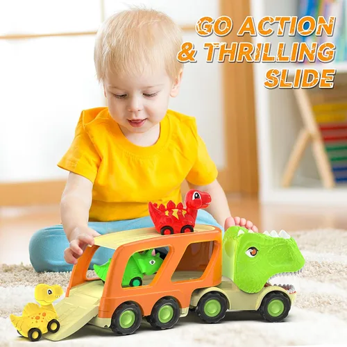 Miniatura 5 de Veslier Juguetes de Dinosaurio para Niños de 2-4 y 3-5 años con 6 Vehículos de Coche de Dinosaurio, Camión Transportador de Dino con Música y Sonido