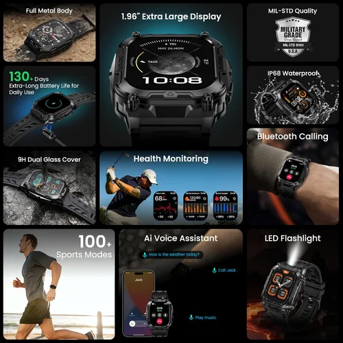 Miniatura 8 de AMAZTIM Reloj inteligente para hombre, batería extra larga de 130 días, reloj militar resistente de metal completo de 4,9 cm, impermeable 50M, Negro