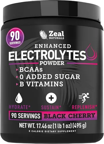 Zeal Naturals Bebida de recuperación de electrolitos en polvo (90 porciones | Cereza negra) con 0 azúcar+BCAA +Vitaminas B Suplemento de