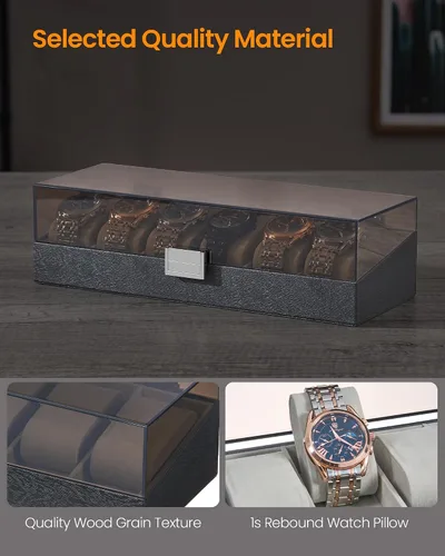 Miniatura 6 de Hzuaneri Caja de reloj, regalos de Navidad, caja de reloj de 6 ranuras con tapa acrílica grande, almohadas de reloj extraíbles, organizador, regalo