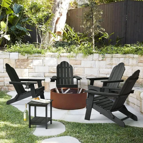 LUE BONA Juego de 2 sillas plegables Adirondack HDPS, color negro, resistentes a la intemperie, sillas modernas de plástico para exteriores con
