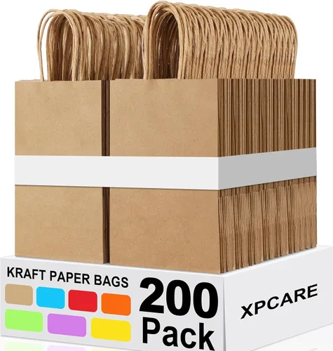 XPCARE 200 piezas Bolsas de regalo de papel 13,3 x 8,2 x 20,9 cm, bolsas de papel kraft marrón con asas para envolver regalos, bolsas de papel al