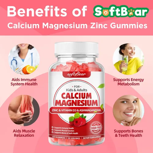 Miniatura 4 de softbear Gomitas de calcio y magnesio y zinc para mujeres, suplemento de calcio y magnesio con vitamina D3 para fortalecer los huesos, veganas/sin