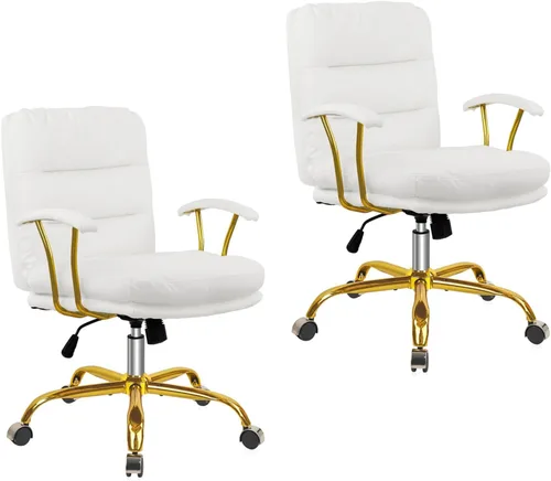 Miniatura 12 de KLASIKA Silla de escritorio de cuero para oficina en casa, silla de tocador de respaldo medio, silla de maquillaje con ruedas doradas y reposabrazos