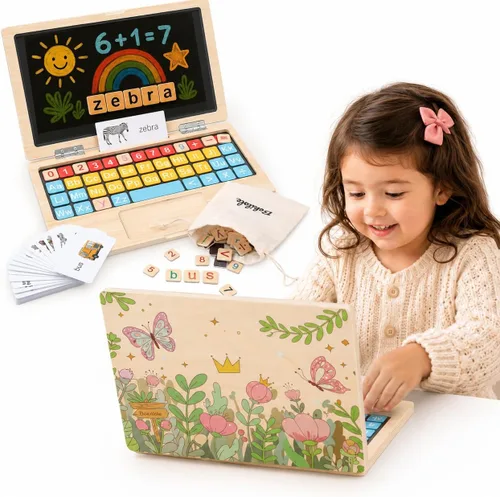 Montessori Toys - Regalos de cumpleaños para niñas de 4 años, portátil floral de 11.8 pulgadas, artículos esenciales para la escuela en casa, juego
