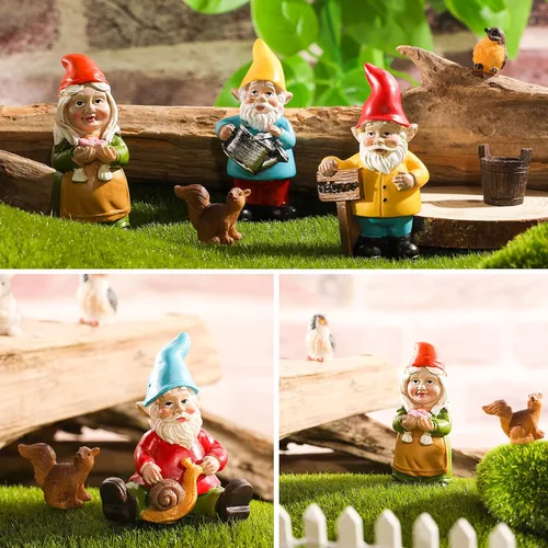 Miniatura 5 de Jetec Juego de 10 piezas de mini gnomos de hada, estatua de jardín, gnomos de resina en miniatura, pintados a mano, ardilla, erizo, búho, pájaro