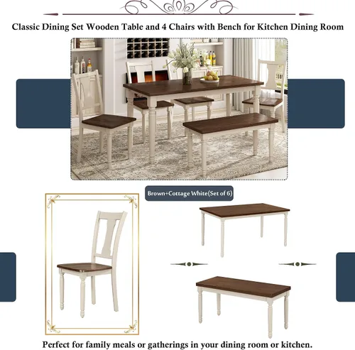 Miniatura 8 de LUMISOL Juego de mesa de comedor de 6 piezas con banco, juego de mesa de cocina rectangular de granja para comedor, mesa de comedor y juego de 4