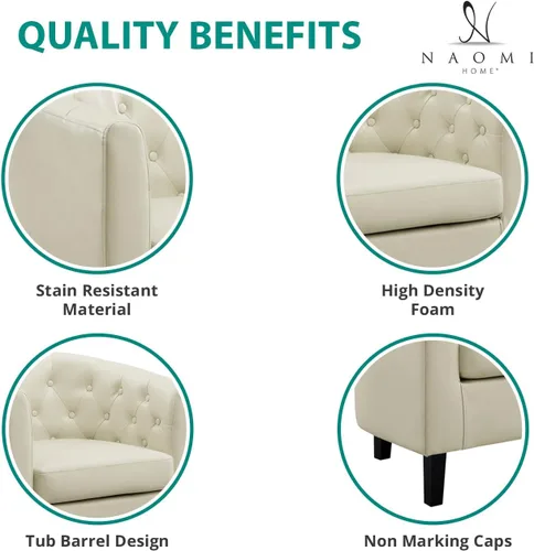 Miniatura 5 de Naomi Home Emma - Silla acentuada con botones copetados de imitación de cuero, silla de barril estilo midcentury moderno, sillón cómodo, sillas
