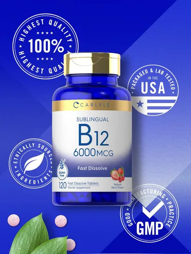 Miniatura 5 de Carlyle Vitamina B-12 6000mcg 120 tabletas de disolución rápida Sabor natural de bayas Cianocobalamina y metilcobalamina Suplemento