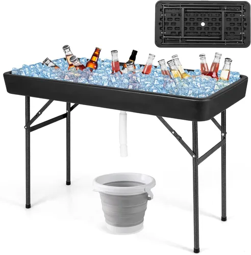Miniatura 11 de Giantex Mesa enfriadora de hielo plegable, mesa de barra fría para exteriores de 46 pulgadas con drenaje, cubo plegable y falda extraíble a juego