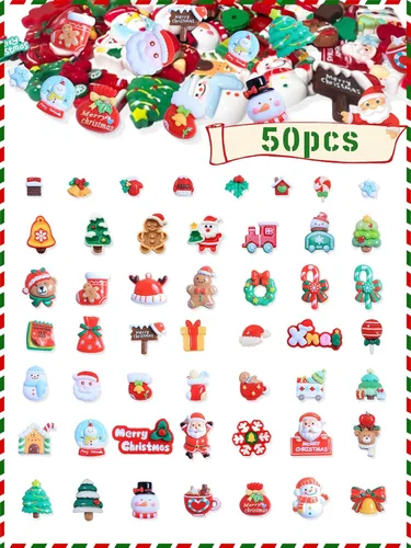 Miniatura 4 de 50 dijes de resina de Navidad con parte trasera plana, Papá Noel, muñeco de nieve mixto, campanas de árbol de Navidad, adornos para álbumes