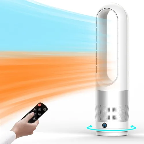 Ventilador de torre sin aspas, calentador de espacio de 1400W y combo de ventilador enfriador de 40W con control remoto, oscilación de 80°, 8