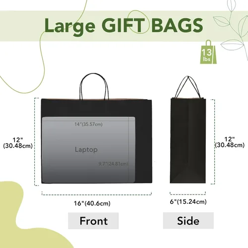 Miniatura 3 de MESHA Bolsas grandes de papel negro con asas de 16 x 6 x 12 pulgadas, paquete de 25 bolsas de papel para compras, bolsas de regalo grandes, bolsa
