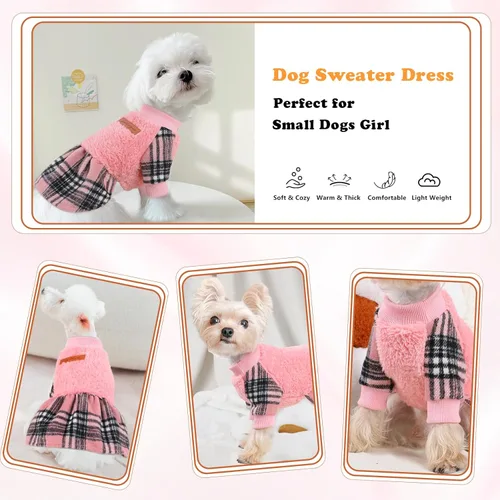Miniatura 3 de Suéter para perro, ropa de invierno para perros pequeños, niño y niña, vestido de otoño para perrito, forro polar cálido, chihuahua, Yorkie, Tartán