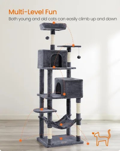 Miniatura 3 de Feandrea - Árbol para gatos de varios niveles para interiores, torre para gatos tipo condominio con 4 postes para rascar, 2 posaderos, hamaca y Gris