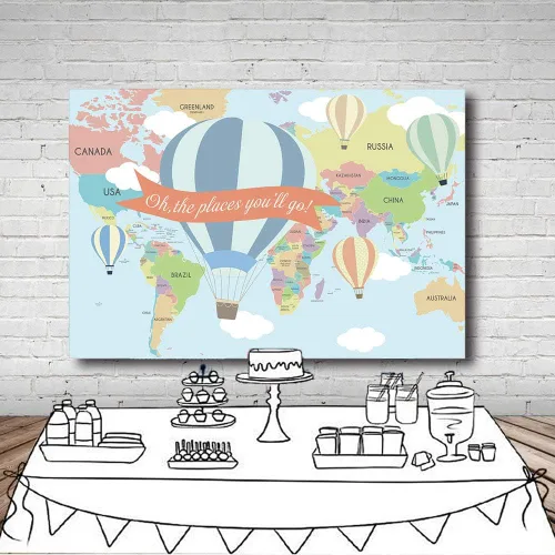 Miniatura 5 de MEHOFOND Mapa de viaje, decoración de fiesta de cumpleaños, telón de fondo de viaje alrededor del mundo, globo aerostático Oh The Places You Will Go