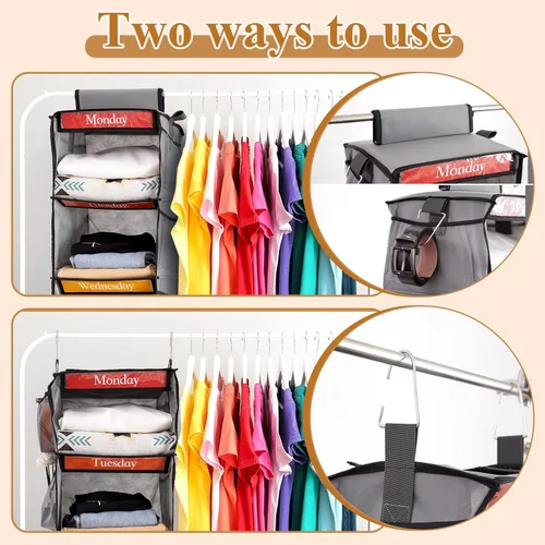 Miniatura 6 de Amylove Paquete de 2 organizadores semanales de ropa de 6 estantes para niños con bolsillo lateral, organizador de ropa para días de la semana de 47