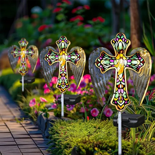 Miniatura 8 de YJFWAL Luz Solar de Estaca de Jardín con Cruz de Cristal, Decoraciones de Cementerio para Luces Exteriores de Tumba, Regalos Conmemorativos