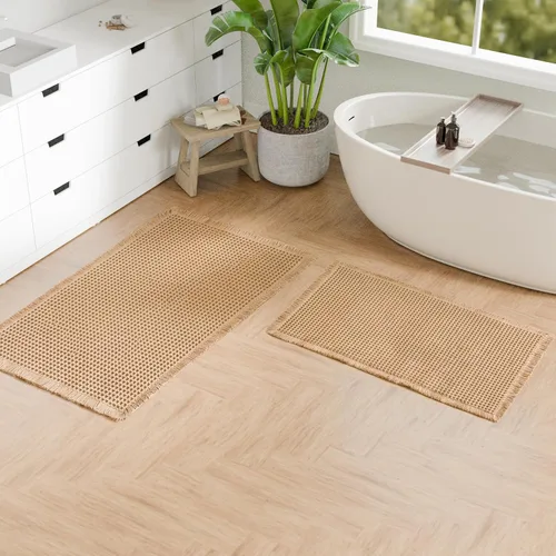 Miniatura 22 de Hiasan Tapete de baño de punto gofre, súper absorbente, antideslizante, con borlas, lavable a máquina, tapete con parte trasera de goma ultra suave