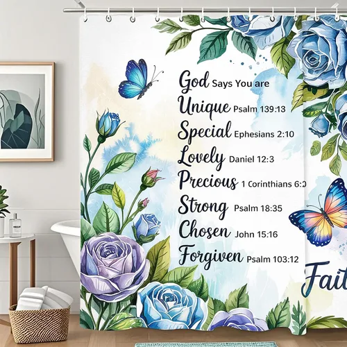 Cortina de ducha con versículo bíblico con cita inspiradora, cortinas de ducha cristianas azules florales para bañera, decoración del hogar, tela