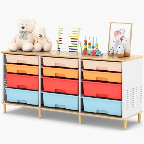 Miniatura 9 de Armario de almacenamiento de 12 cajones con parte superior de madera y contenedores de plástico, organizador de almacenamiento de juguetes, estante
