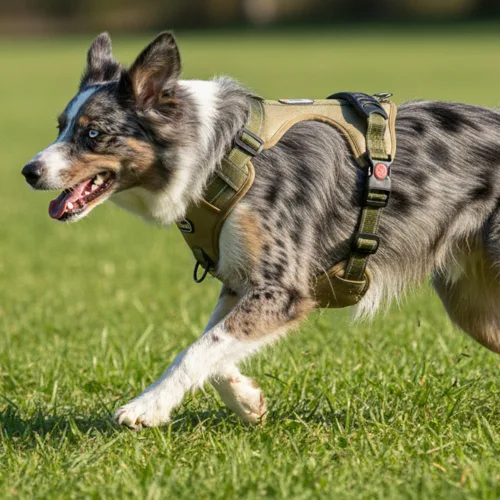 Miniatura 5 de Arnés táctico para perro de tamaño M sin tirones, con asa y ribete reflectante, arnés ajustable para el pecho con clips de correa delantera y Caqui