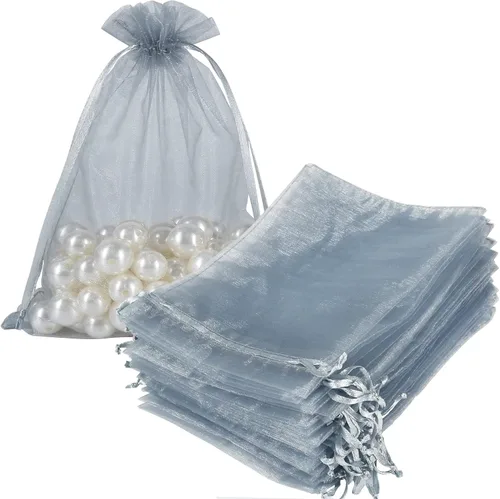 HRX Package 100 bolsas de organza gris plateado, 5 x 7 pulgadas de malla con cordón de regalo, bolsas de joyería para dulces de Navidad, recuerdos