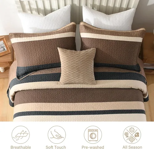 Miniatura 5 de Finlonte Colcha tamaño Queen, 100% algodón, cubrecamas de gran tamaño, tamaño Queen, color marrón carbón, beige, acolchado, a rayas, estilo granja