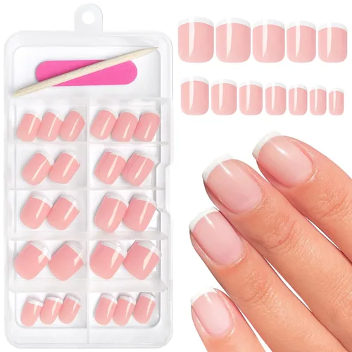 Miniatura 7 de AddFavor Uñas Postizas de Punta Francesa Cortas, 120 piezas Uñas Postizas Blancas con Punta Francesa Uñas Postizas Cuadradas Nude Uñas Acrílicas