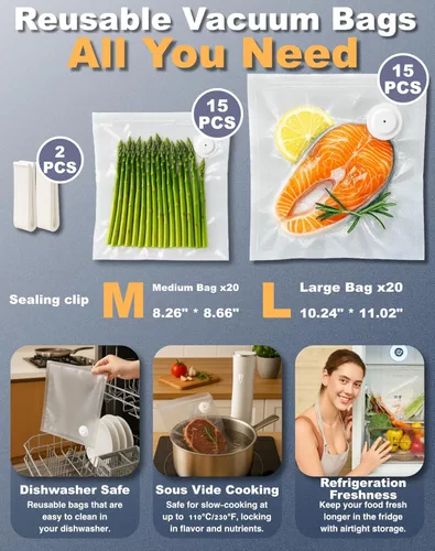 Miniatura 7 de Sellador al vacío compacto para alimentos, máquina selladora al vacío portátil con 30 bolsas reutilizables para conservación y blanco fresco