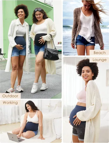 Miniatura 5 de HOFISH Pantalones cortos de mezclilla de maternidad para mujer, elásticos, cómodos, pantalones cortos de mezclilla casuales para entrenamiento