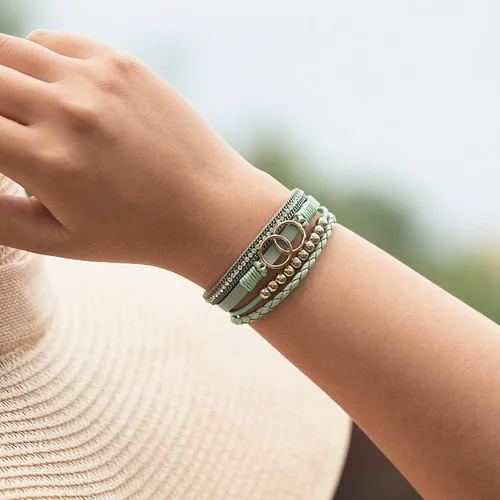 Miniatura 3 de FANCY SHINY Pulseras bohemias de cuero, pulseras de cuentas doradas para mujer, pulseras apilables del infinito, joyas con cierre, Sin gemas.