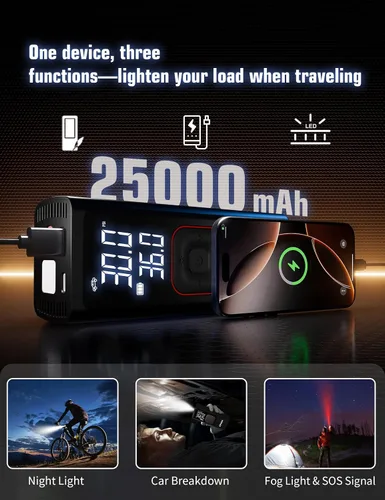 Miniatura 2 de Inflador de Neumáticos Compresor de Aire Portátil, 3 Veces Más Rápido 25000mAh 160 PSI Bomba de Aire para Neumáticos de Coche - Inalámbrica