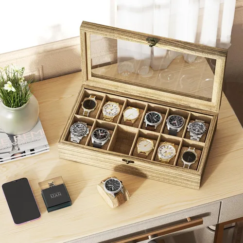 Miniatura 2 de SRIWATANA Caja de reloj, organizador de caja de reloj para hombres y mujeres, regalo del día del padre, 12 ranuras para reloj con tapa de cristal