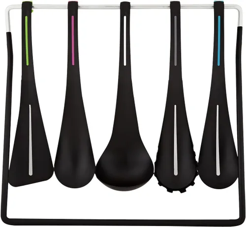 Fusionbrands CurveUtensil - Juego de 5 herramientas esenciales de cocina de nailon con pantalla de alambre y estante de almacenamiento, agarres