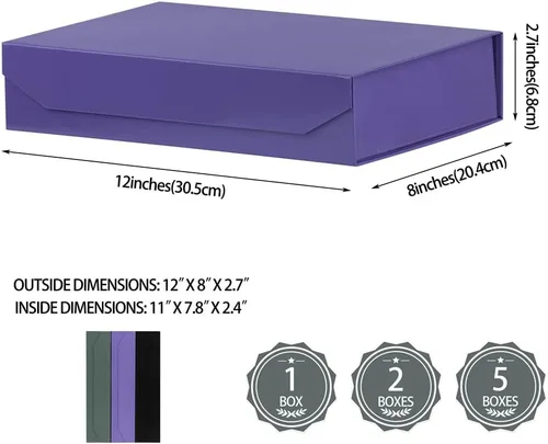 Miniatura 4 de Paquete de 5 cajas de regalo moradas con tapas, pequeñas de 12 x 8 x 2.7 pulgadas, cajas de regalo de ropa para regalos, camisas con cinta, cajas