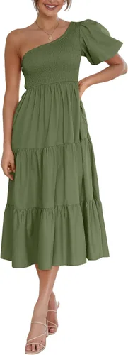 Chriselda Vestido casual de manga corta con un hombro fruncido para mujer, cintura alta, con volantes, vestido midi para fiesta