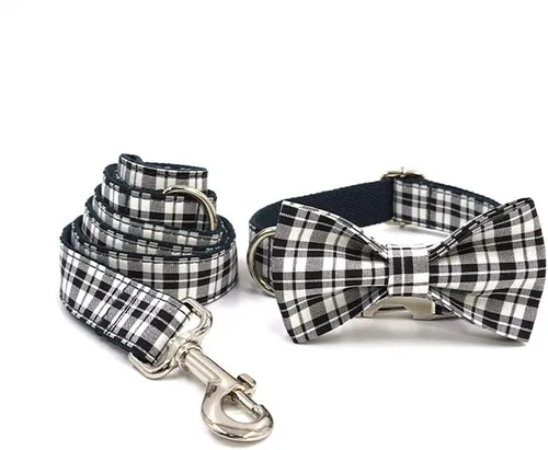 Miniatura 3 de PETDURO Collar Personalizado para Perro A cuadros Negro Blanco con Nombre y Teléfono Grabados en Hebilla de Metal Plateado para Perros Grandes