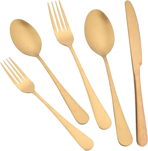 JASHII Juego de cubiertos de 20 piezas con acabado satinado, servicio para 4, juego de cubiertos de titanio, juego de utensilios de oro mate,