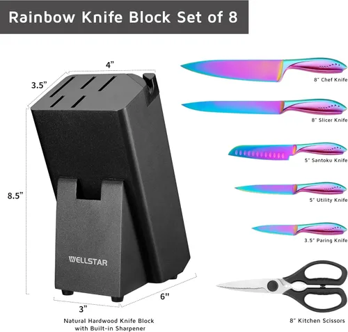 Miniatura 9 de WELLSTAR Juego de cuchillos arcoíris de 8 piezas, juego de cuchillos de cocina de acero inoxidable alemán iridescente con bloque de madera, Juego