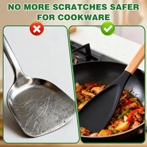 Miniatura 3 de 2 cucharas de cocina para utensilios de cocina antiadherentes, cuchara de cedro y ceniza, para mezclar, recoger y raspar, servir silicona mate