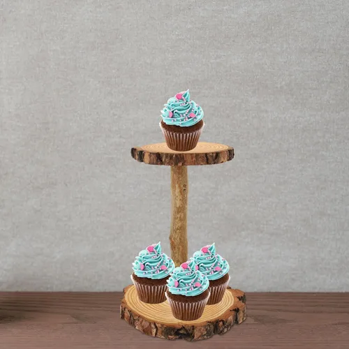 Miniatura 2 de HOMSFOU - Soporte de madera para cupcakes de 2 niveles, estante de exhibición de postres rústico multicapa, soporte redondo para mesa de boda