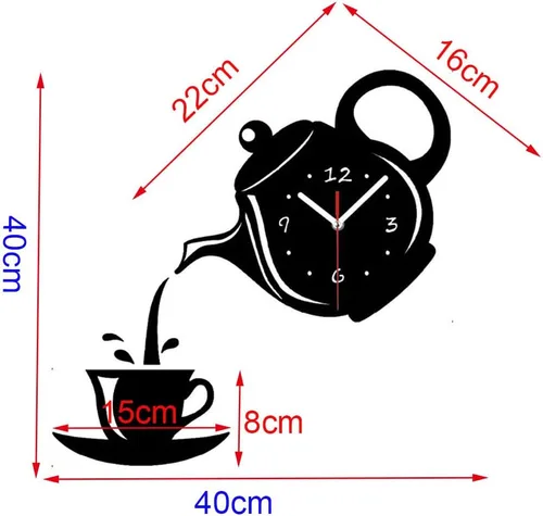 Miniatura 4 de Kit de reloj de pared sin marco, silencioso, sin tictac, grande, 3D, moderno, creativo, tetera, con espejo, calcomanías de número para sala