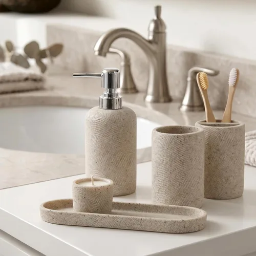 Miniatura 4 de Juego de accesorios de baño, organizador de baño para encimera, dispensador de jabón y soporte para cepillo de dientes, taza de enjuague bucal
