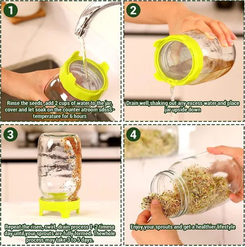 Miniatura 8 de Tapa de brote de plástico con pantalla de acero inoxidable para tarros de masón de boca ancha, kit de germinación con soporte para bandeja de agua