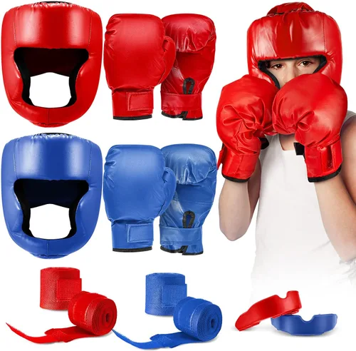 Miniatura 10 de Kanayu Juego de 12 piezas de equipo de boxeo para niños principiantes de 6 a 18 años, incluye casco de boxeo y guantes, vendas, protectores bucales