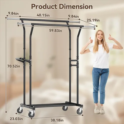 Miniatura 8 de Perchero de ropa resistente: 800LBS Perchero de ropa con ruedas para colgar abrigos, barras dobles, estantes de tela portátiles con ruedas Estante