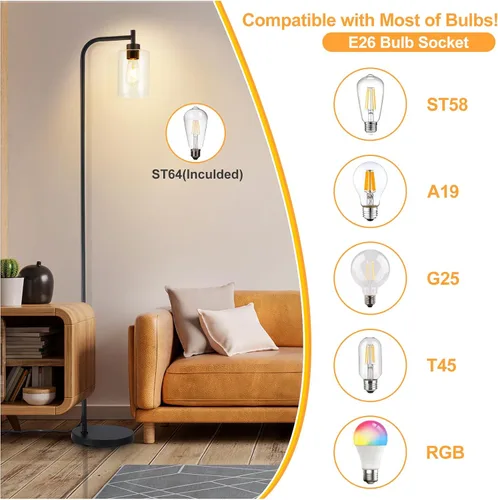 Miniatura 6 de DLLT Lámpara de pie alta para habitación: lámpara de pie negra con pantalla de vidrio transparente para sala de estar - Lámpara moderna brillante
