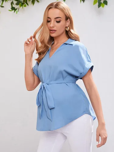 Miniatura 4 de MakeMeChic Blusa de verano de maternidad para mujer, manga corta, cuello en V, túnica con cinturón